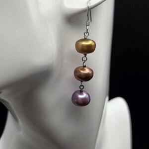Gold, Bronze, and Purple Pearl Dangle Earrings